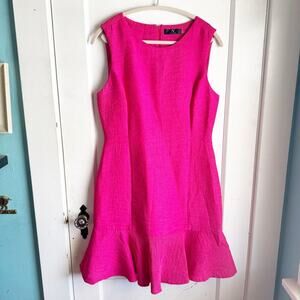Natori Hot Pink Sleeveless Crinkle Fabric Ruffle Hem Dress Bright Easter Size 10